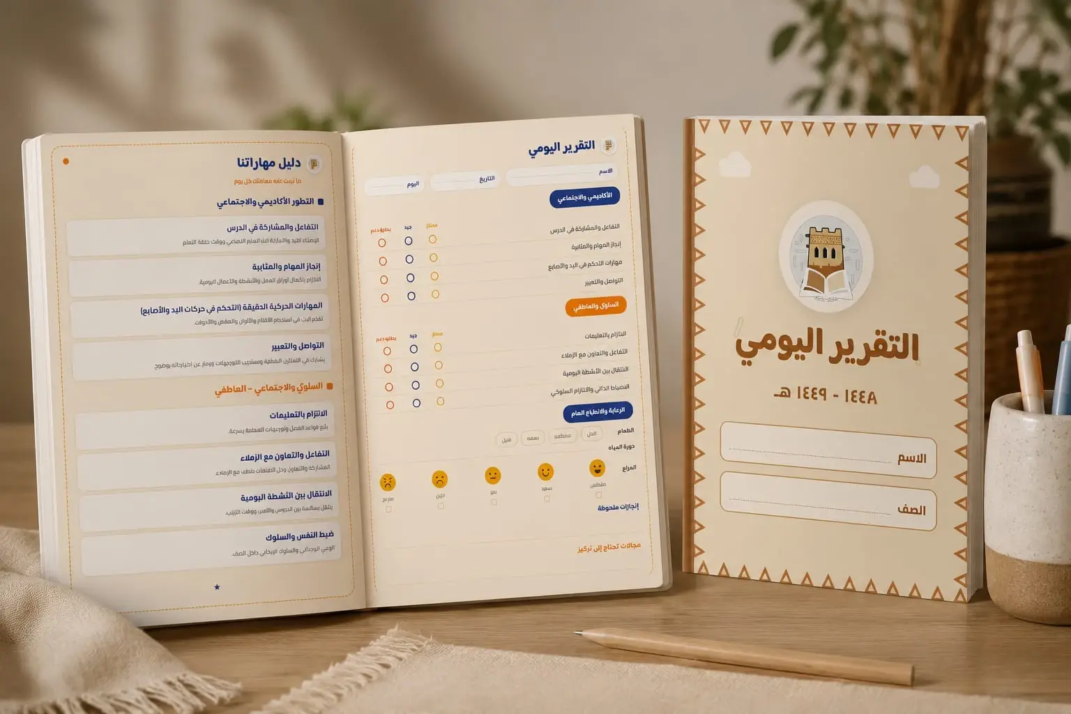 الدفتر مفتوحا على مكتب خشبي، بجانب الغلاف الأمامي واقفا